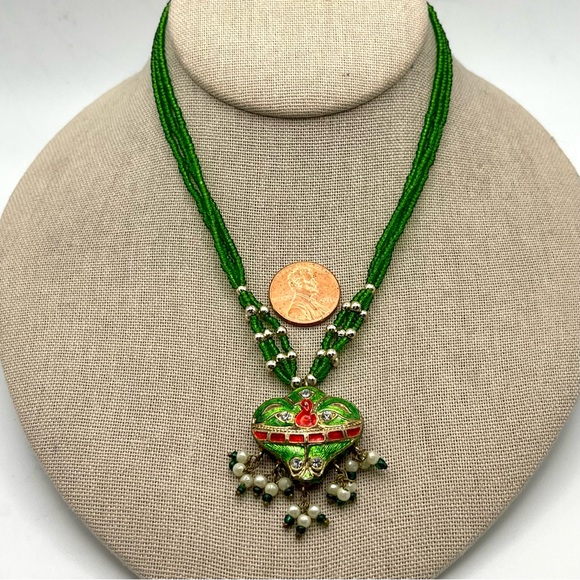 Gorgeous Green Bollywood Style Indian Necklace Handcrafted Enamel Seed Beads - Picture 7 of 16